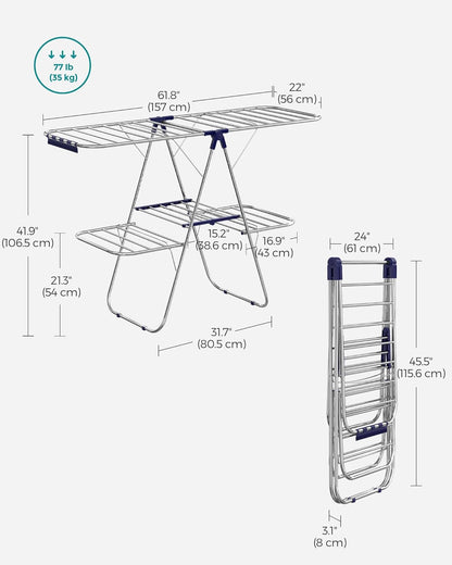🧺 Multi-Functional Foldable Clothes Drying Rack | 33 Rails + 27 Clips | Adjustable Height, Water & Rust Resistant