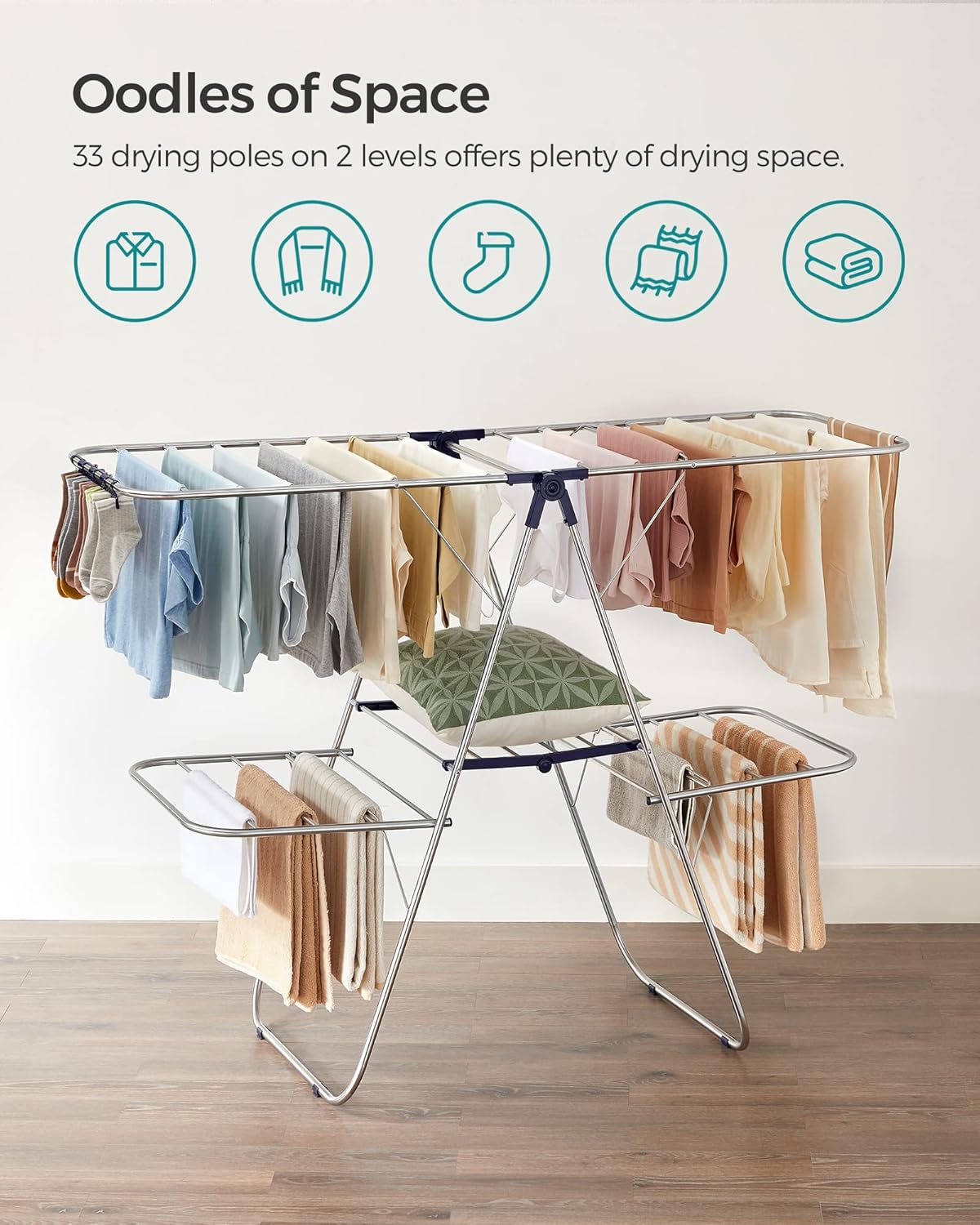 🧺 Multi-Functional Foldable Clothes Drying Rack | 33 Rails + 27 Clips | Adjustable Height, Water & Rust Resistant
